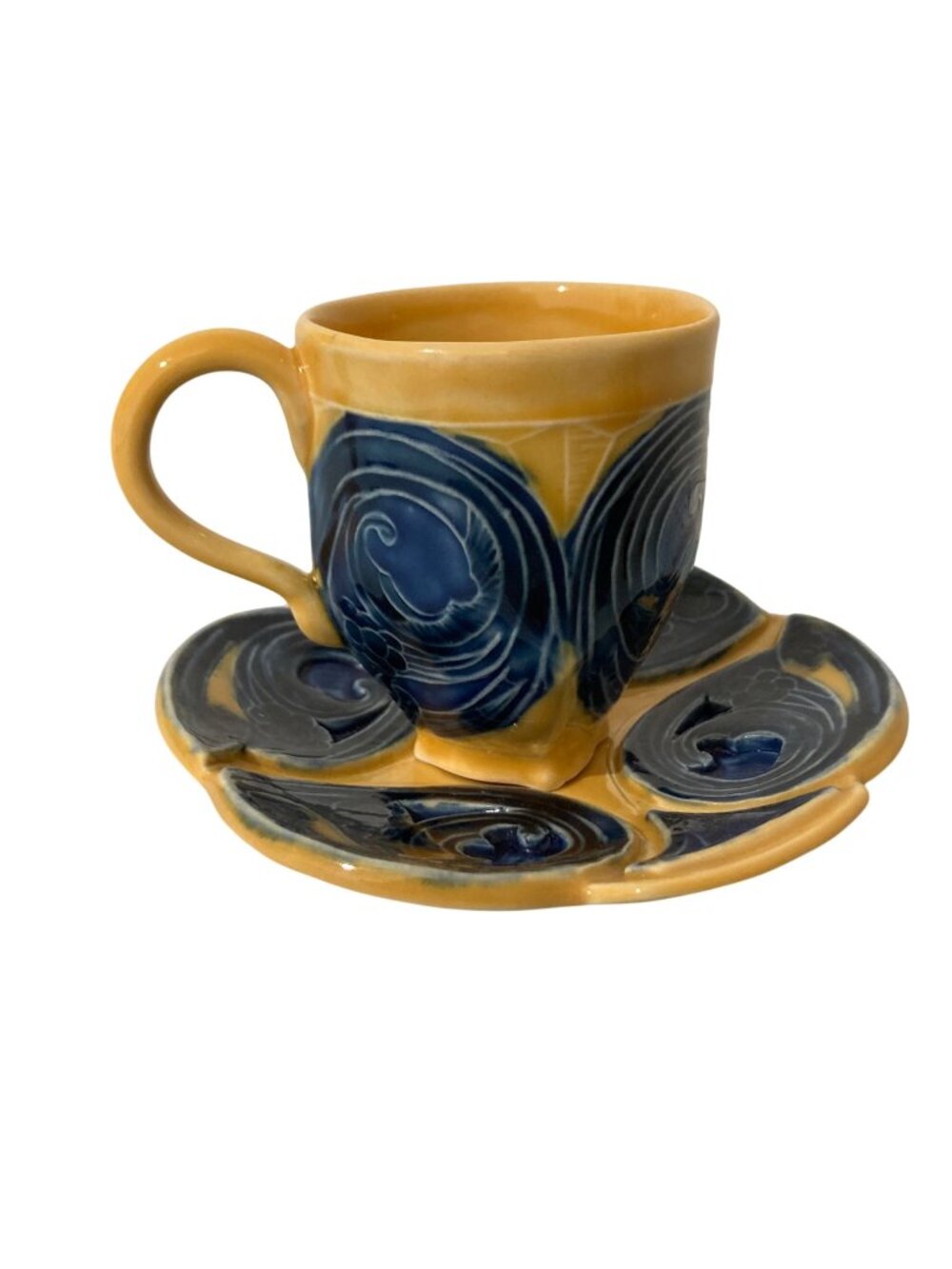 Blue And Yellow Ceramic Art Pottery Cup And Saucer Wave Pattern Signed